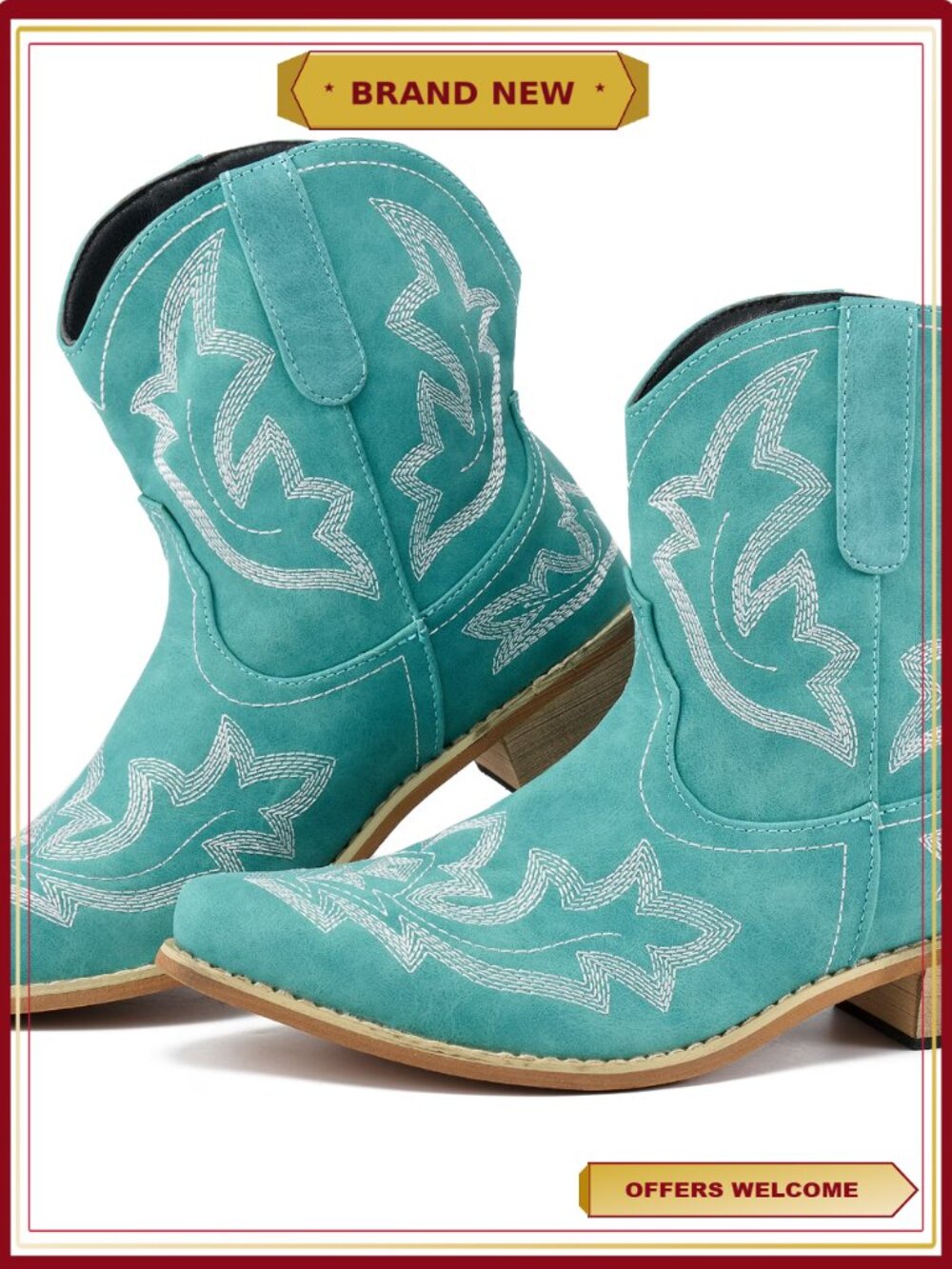 Women Ankle Cowgirl Booties Pointed Toe Embroidery Western Short Boots